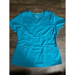 HH WORKS by Healing Hands Teal Scrub Top Short Sleeve Med "Cheers Healing Angel"